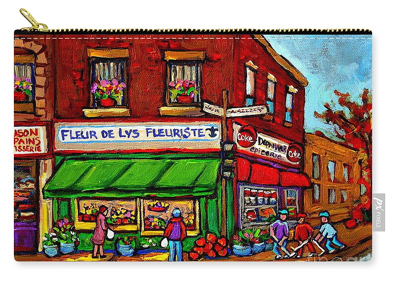 Maison De Pain Zip Pouch featuring the painting Depanneur Maison De Pain Patisserie Fleuriste Fruits Montreal Paintings Street Hockey City Scenes by Carole Spandau