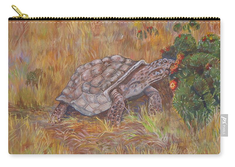 One Of The Oldest Desert Dwellers Eating Cactus. Desert Zip Pouch featuring the painting Desert Tortoise Eating Cactus by Charme Curtin