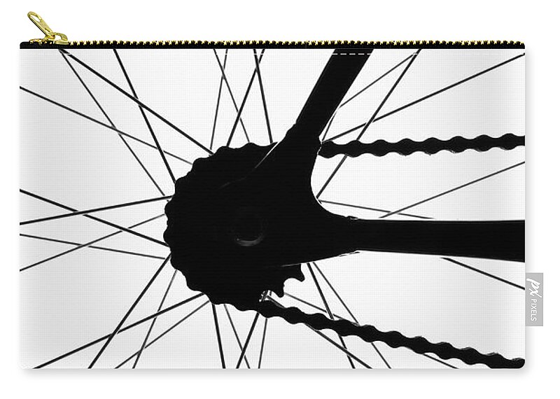 White Background Zip Pouch featuring the photograph Detail Of A Bicycle Wheel, Back Lit by Epoxydude