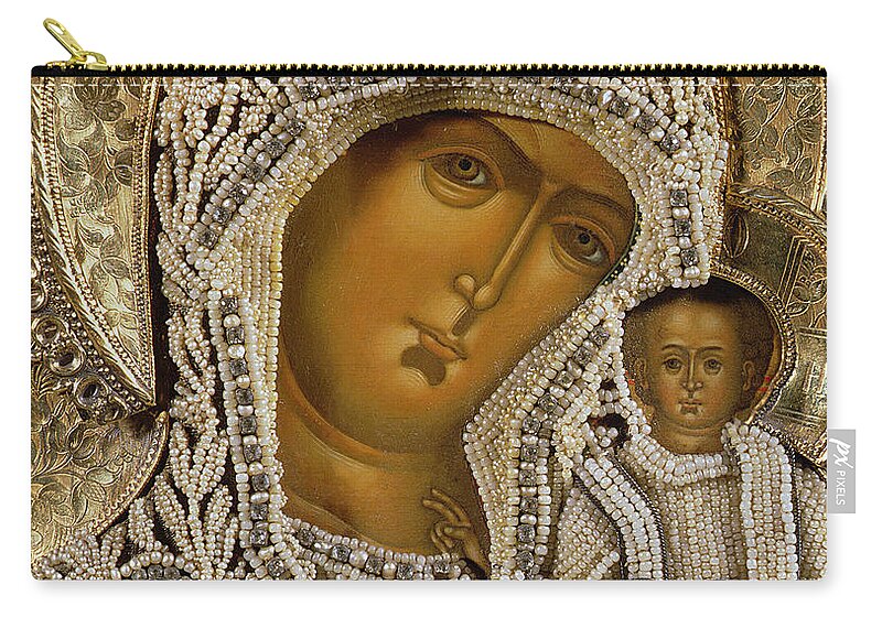 Black Madonna; Pearl; Negro Zip Pouch featuring the mixed media Detail of an icon showing the Virgin of Kazan by Yegor Petrov by Russian School