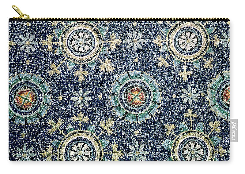 Floral; Paleochristian; Early Christian; Decor; Flowers; Geometric; Symmetry; Symmetrical; Floral; Decorative; Blue; Starburst; Red; White; Tile; Tiles; Mosaic; Mosaics; Wall Decor; Decoration; Pattern; Patterns; Circular; Circles; Design; Shape; Shapes; 5th Century; Ad; Fifth Century Ad; Fifth Century; Byzantine; Byzantine Design; Byzantine Designs; Zip Pouch featuring the painting Detail of the floral decoration from the vault mosaic by Byzantine