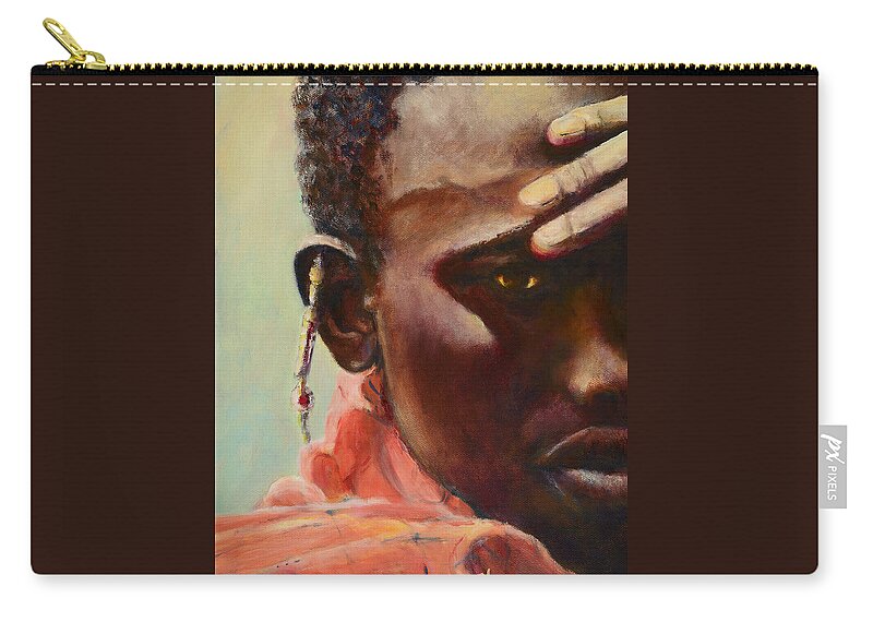 Portrait Of A Maasai Warrior Zip Pouch featuring the painting Dignity Maasai Warrior by Sher Nasser Artist