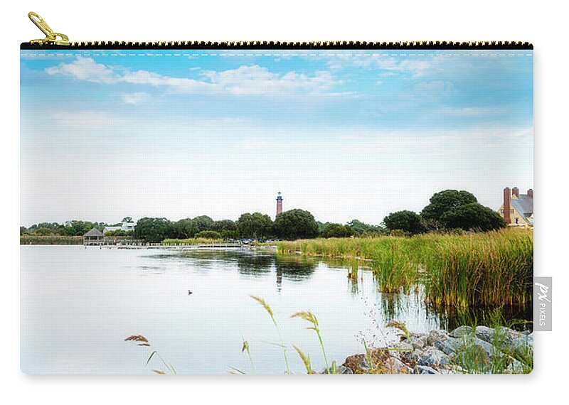 Water's Edge Zip Pouch featuring the photograph Distant View Of Currituck Lighthouse by Catlane