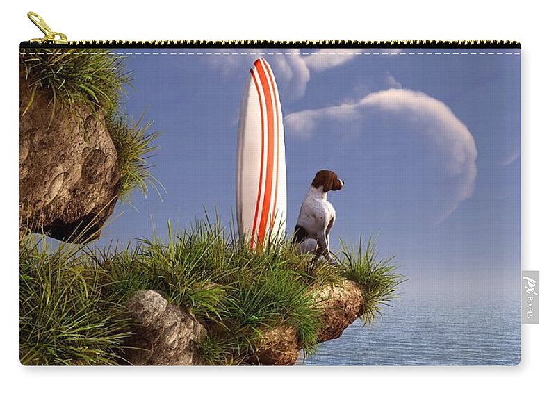 Surfing Zip Pouch featuring the digital art Dog and Surfboard by Daniel Eskridge