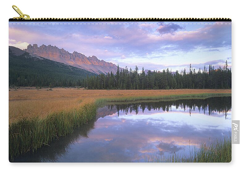 0017577 Zip Pouch featuring the photograph Dolomite Peak And Bow River Backwaters by Tim Fitzharris