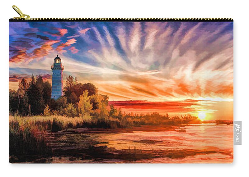 Door County Zip Pouch featuring the painting Door County Cana Island Lighthouse Sunrise Panorama by Christopher Arndt