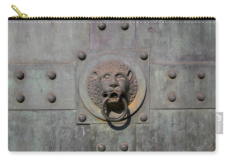 Architectural Feature Zip Pouch featuring the photograph Door Knocker Lions Head by C-vino