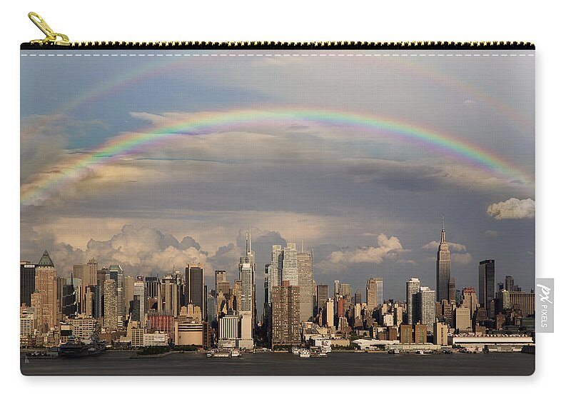 New York City Skyline Carry-all Pouch featuring the photograph Double Rainbow Over NYC by Susan Candelario