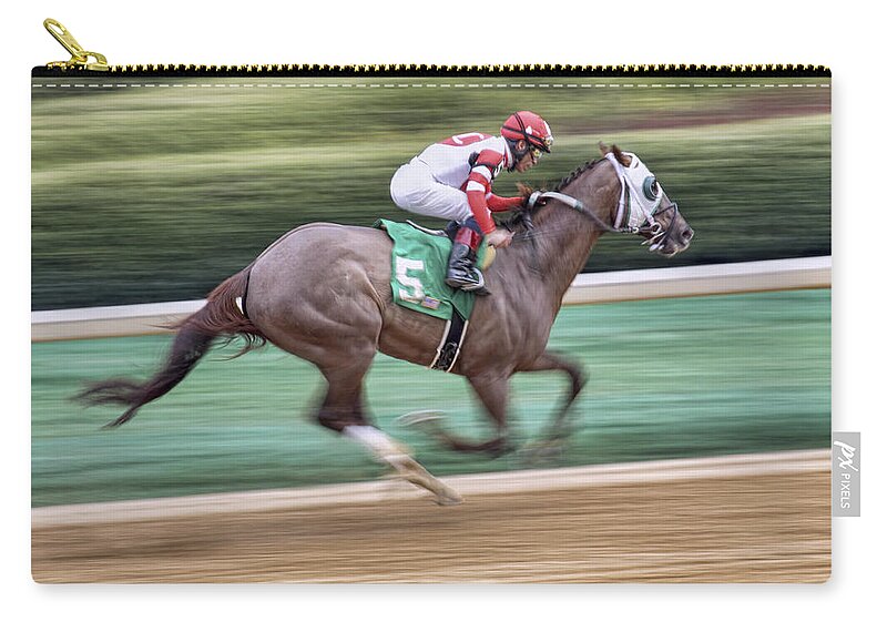 Horse Racing Zip Pouch featuring the photograph Down the Stretch - Horse Racing - Jockey by Jason Politte