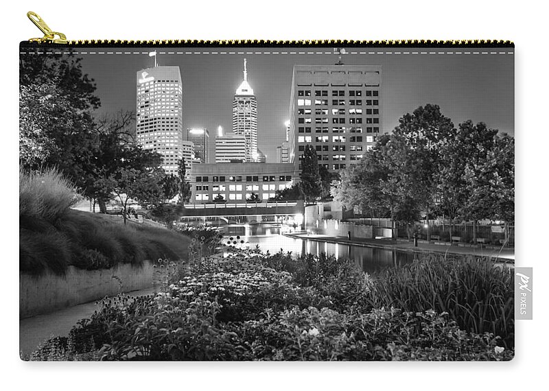 America Zip Pouch featuring the photograph Downtown Indianapolis Skyline at Night - Black and White by Gregory Ballos