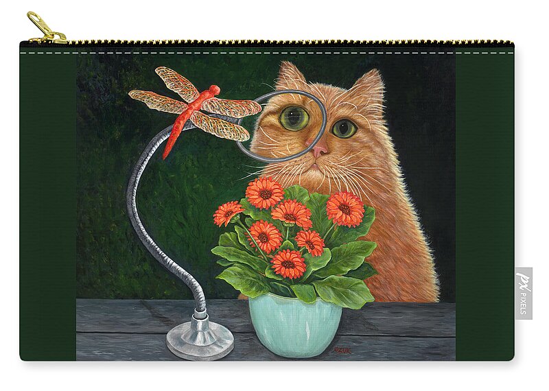 Karen Zuk Rosenblatt Zip Pouch featuring the painting Dragonfly and Cat by Karen Zuk Rosenblatt