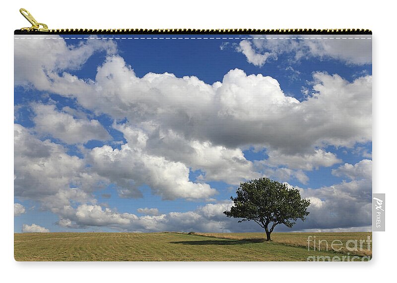Dramatic Clouds And The Tree Epsom Downs Surrey England Uk English British Britain Landscape Countryside Wow Fluffy Cloud Single Lone Depth Cumulus White Blue Sky Skies Drifting Zip Pouch featuring the photograph Dramatic Clouds and The Tree by Julia Gavin