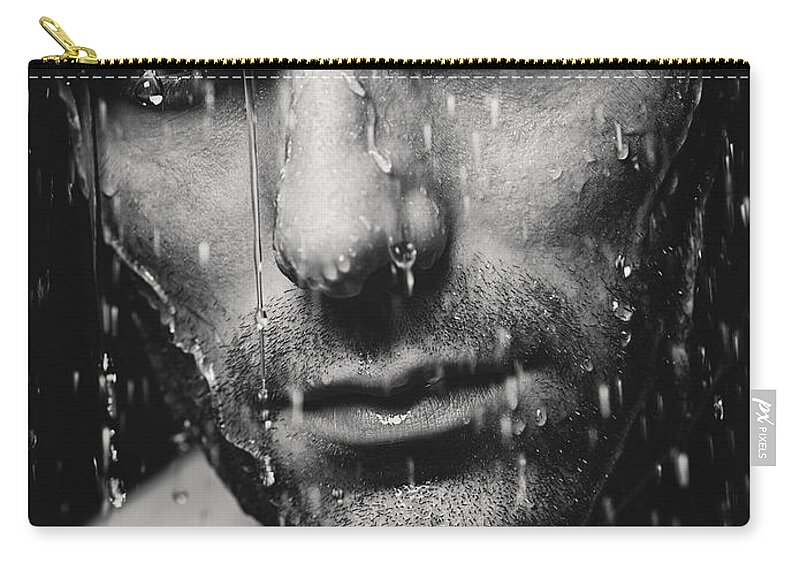 Man Zip Pouch featuring the photograph Dramatic portrait of man wet face Black and white by Maxim Images Exquisite Prints