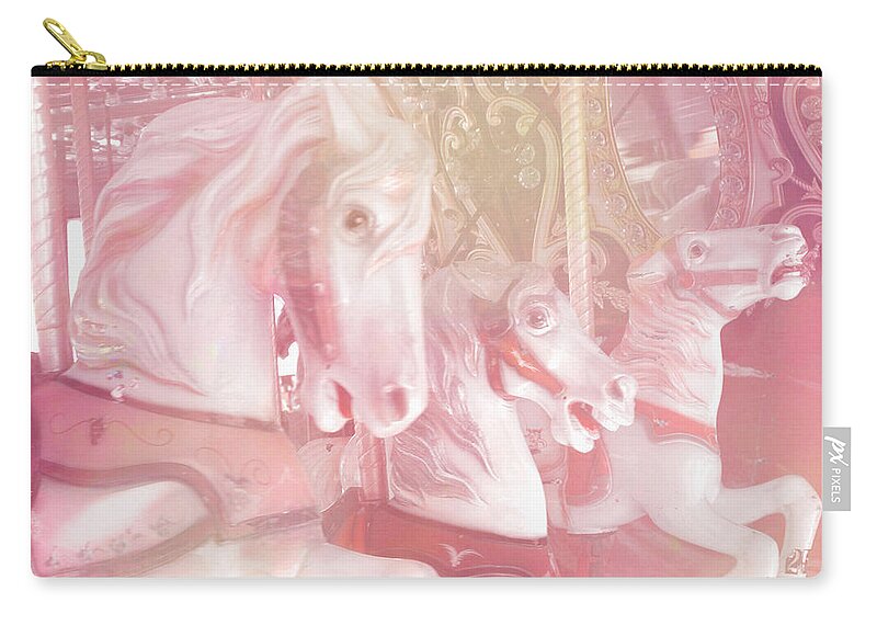 Carousel Horses Zip Pouch featuring the photograph Dreamy Baby Pink Merry Go Round Carousel Horses - Pink Carousel Horses Baby Girl Nursery Decor by Kathy Fornal