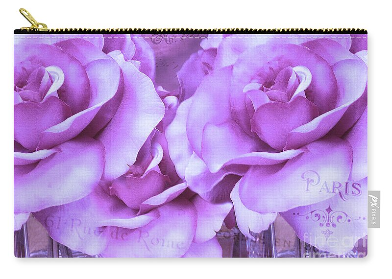 Paris Lavender Roses Zip Pouch featuring the photograph Dreamy Shabby Chic Purple Lavender Paris Roses - Dreamy Lavender Roses Cottage Floral Art by Kathy Fornal