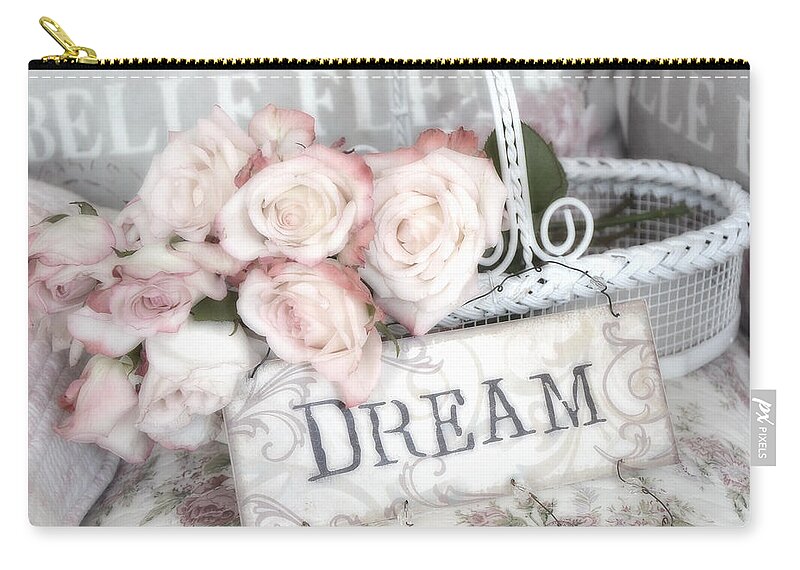 Shabby Chic Romantic Roses Zip Pouch featuring the photograph Dreamy Shabby Chic Romantic Cottage Chic Roses In White Basket by Kathy Fornal