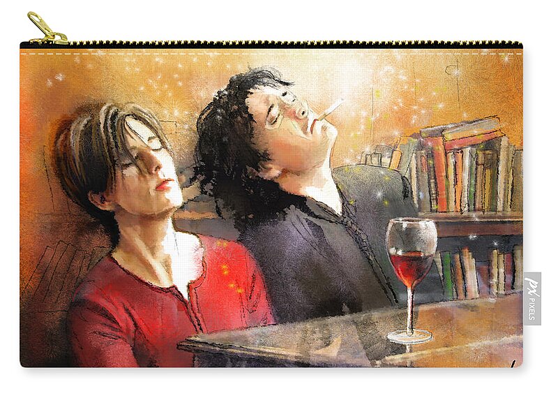 Portraits Zip Pouch featuring the painting Dylan Moran and Tamsin Greig in Black Books by Miki De Goodaboom