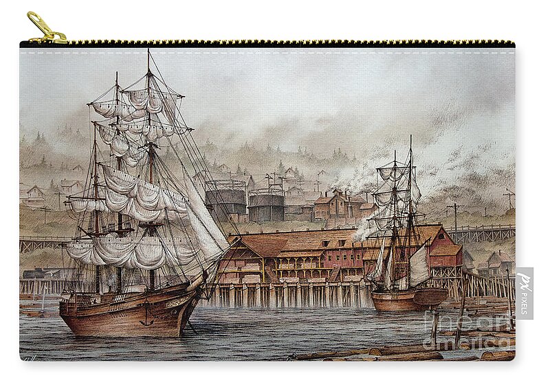 E K Wood Zip Pouch featuring the painting E. K. Wood Lumber Mill by James Williamson