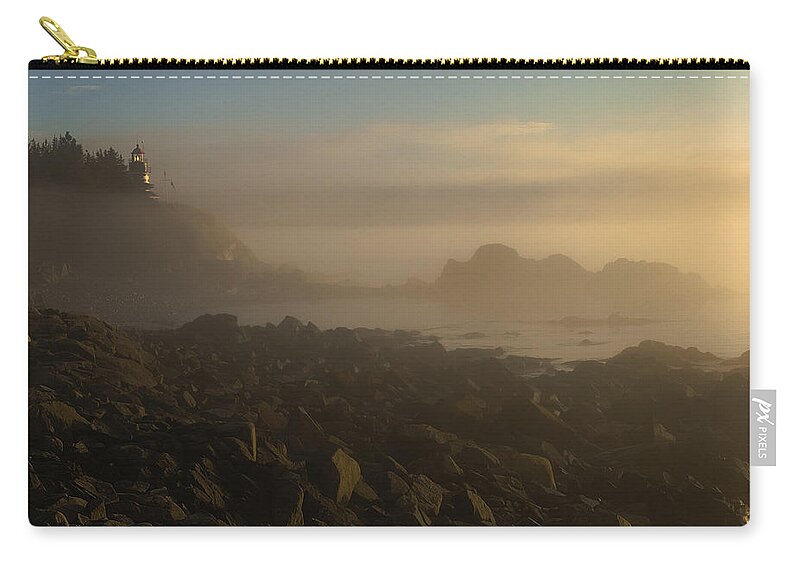 West Quoddy Head Lighthouse Zip Pouch featuring the photograph Early morning fog at Quoddy by Marty Saccone