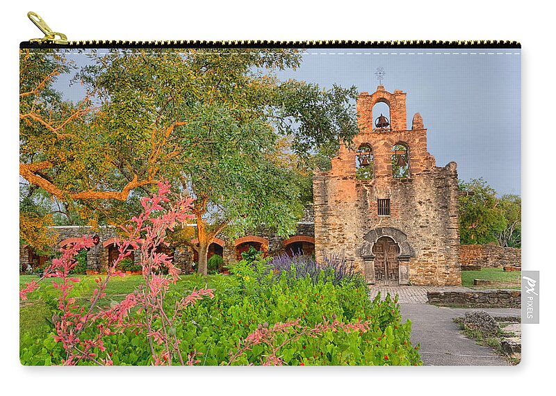 Mission Zip Pouch featuring the photograph Early morning Sun caressing Mission Espada San Antonio Bexar County Texas by Silvio Ligutti