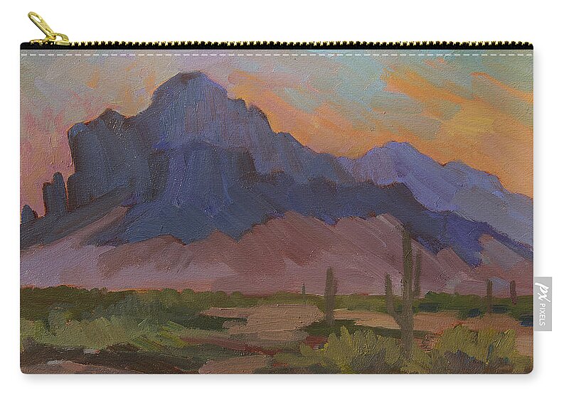 Early Morning Zip Pouch featuring the painting Early Mornng at Superstition Mountain by Diane McClary