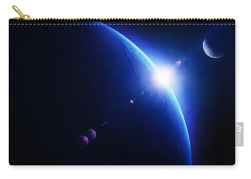 Earth Zip Pouch featuring the photograph Earth sunrise with moon in space by Johan Swanepoel