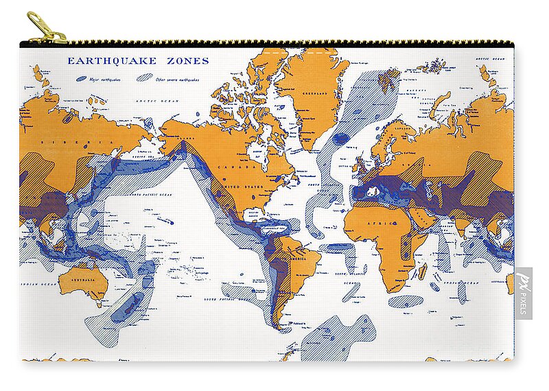 Map Zip Pouch featuring the photograph Earthquake Zones Map by Science Source