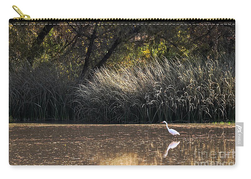 Egret Zip Pouch featuring the photograph Egret Hunting In Pond 2 by Al Andersen
