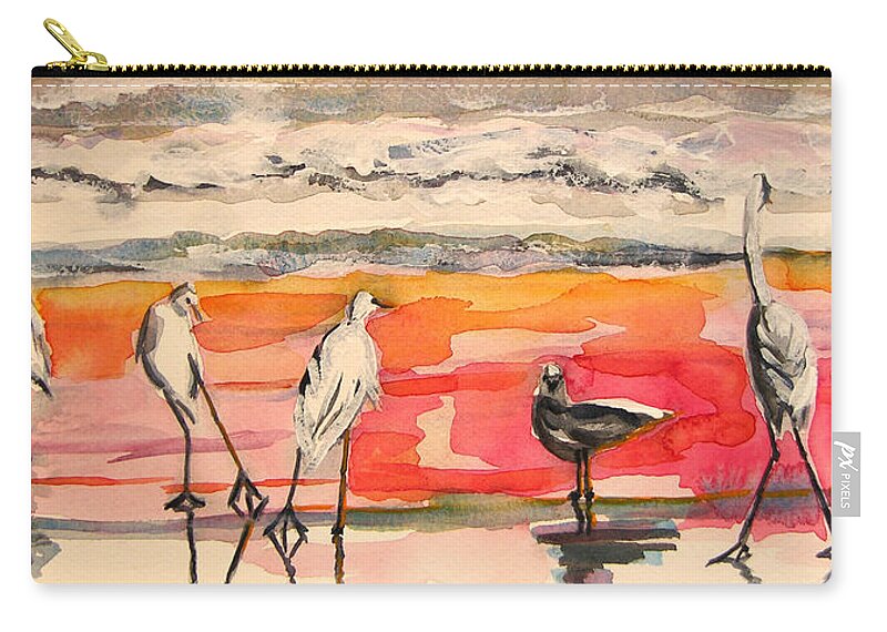 Watercolors Zip Pouch featuring the painting Egrets And Sea Gull At Sunrise 11-5-14 by Julianne Felton