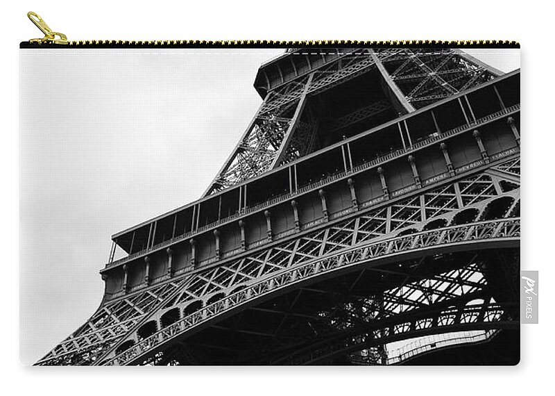 Architectural Feature Zip Pouch featuring the photograph Eiffel Tower From Below Black And White by Peskymonkey