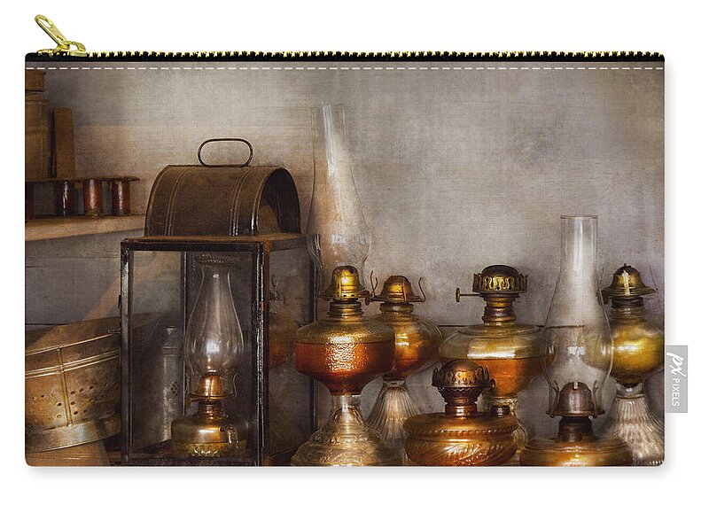 Savad Zip Pouch featuring the photograph Electrician - A collection of oil lanterns by Mike Savad