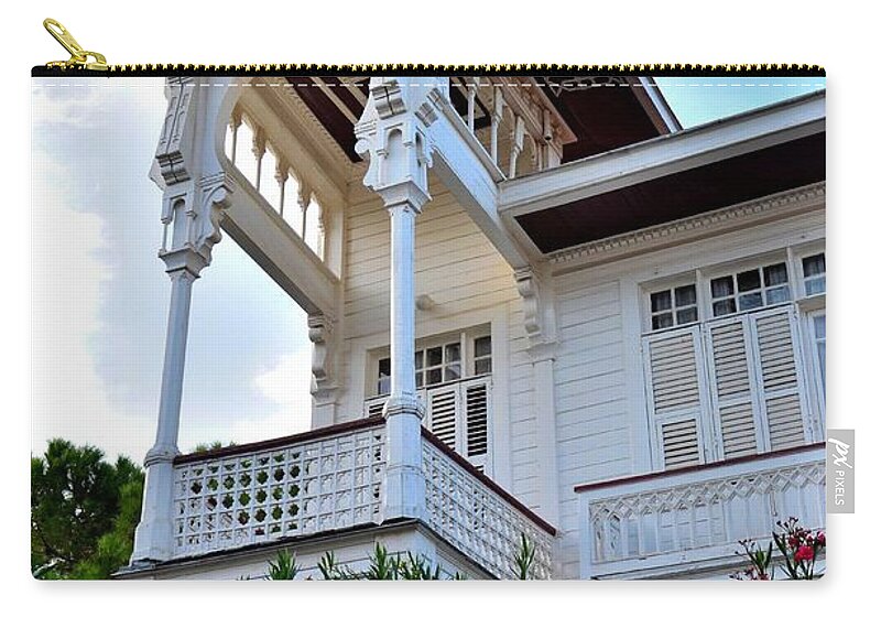 Turkish Zip Pouch featuring the photograph Elegant white house and balcony by Imran Ahmed