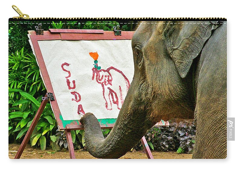 Elephant Artist In Mae Taeng Elephant Park Near Chiang Mai Zip Pouch featuring the photograph Elephant Artist in Mae Taeng Elephant Park near Chiang Mai-Thailand by Ruth Hager