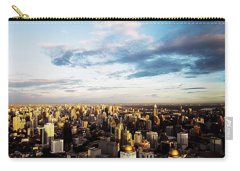 City Zip Pouch featuring the photograph Elevated View Over City At Sunset by Gary Yeowell