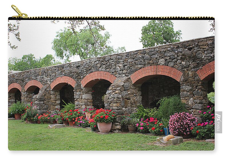 Mission Espada Zip Pouch featuring the photograph Espada Grounds by Mary Bedy