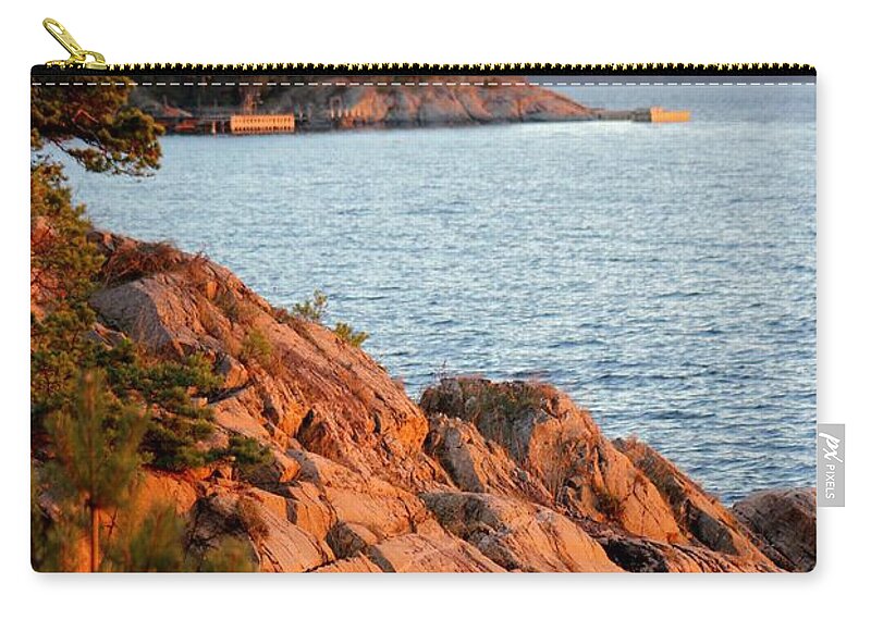 Landscape Water Waterfront Summer Sunset Sun Rocks Rock Nature View Panorama Fjord Fjords Outdoors Nature Hiking Beautiful Norway Scandinavia Europe Sky Blue Grey White Beige Brown Black Blue Orange Green Zip Pouch featuring the photograph Evening Sun by the Waterfront by Jeanette Rode Dybdahl
