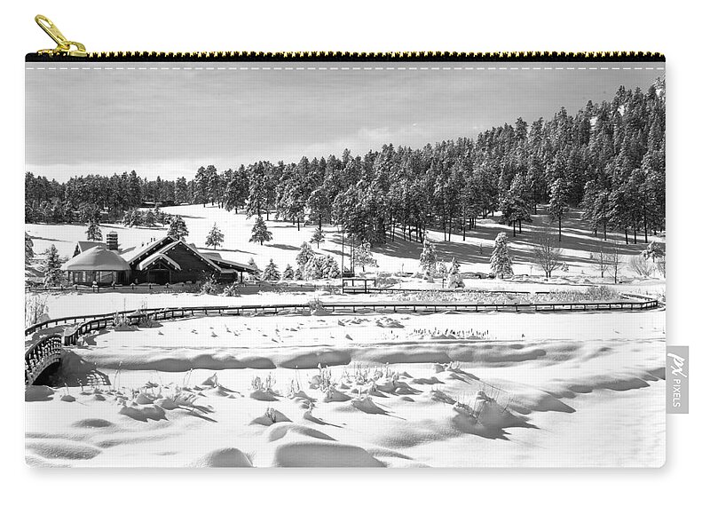 Evergreen Lake Zip Pouch featuring the photograph Evergreen Lake House in Winter by Ron White