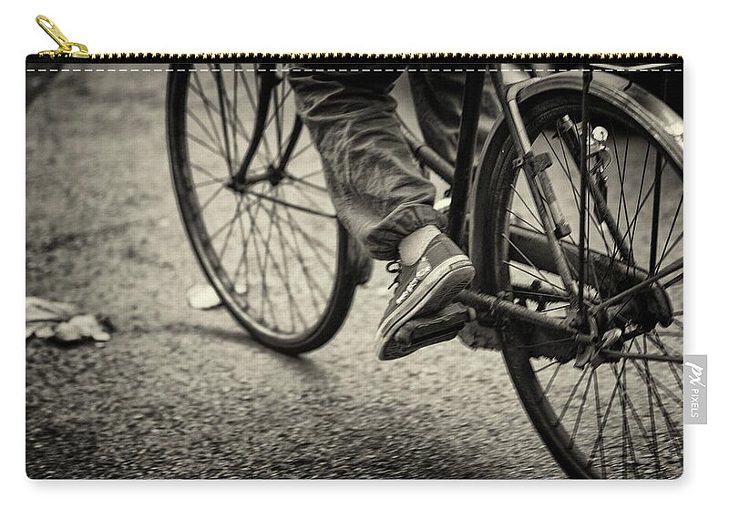 People Zip Pouch featuring the photograph Fall Leaves And Rusty Wheels by Mimo Khair Photography