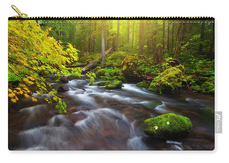 Sun Zip Pouch featuring the photograph Fall Morning Hike by Darren White