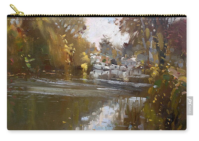Fall Reflections Zip Pouch featuring the painting Fall reflections at North Tonawanda Canal by Ylli Haruni