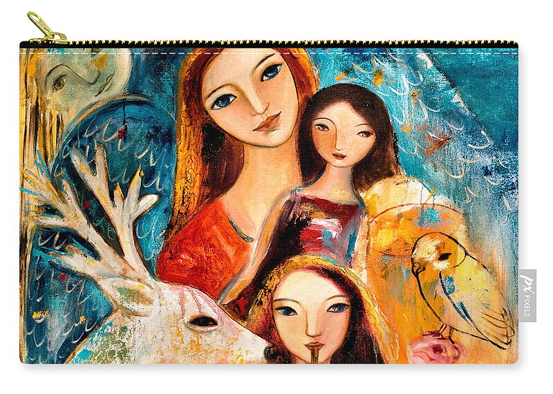 Mother And Child Zip Pouch featuring the painting Family with Reindeer by Shijun Munns