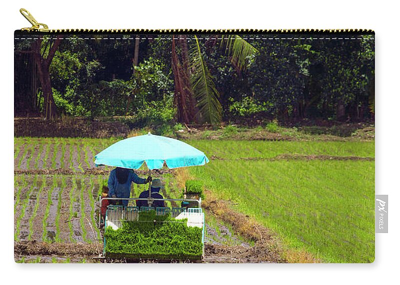 People Zip Pouch featuring the photograph Farmers With A Rice Transplanting by Jean-claude Soboul
