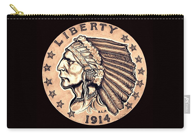 Indian Head Zip Pouch featuring the drawing Fawn Gold Quarter Eagle by Fred Larucci