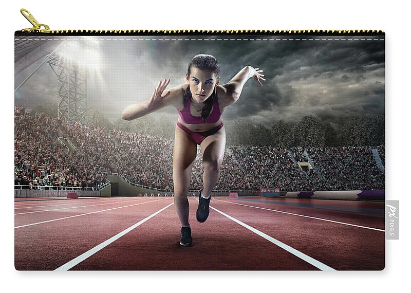 Event Zip Pouch featuring the photograph Female Athlete Sprinting by Dmytro Aksonov