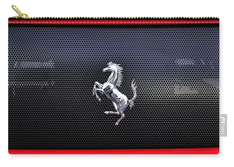 Photography Zip Pouch featuring the photograph Ferrari - Rear Grill and Stallion Badge by Kaye Menner