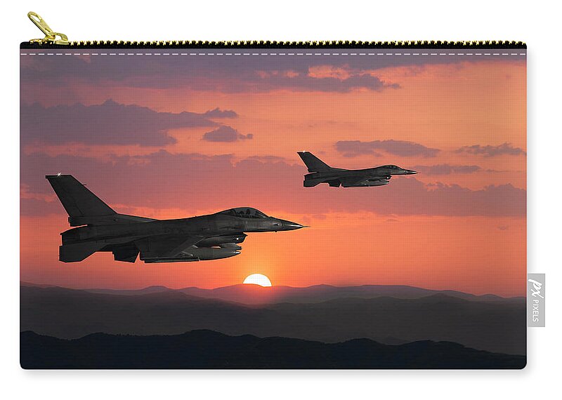 Orange Color Zip Pouch featuring the photograph Fıghter Jet In Flight At Sunset by Guvendemir