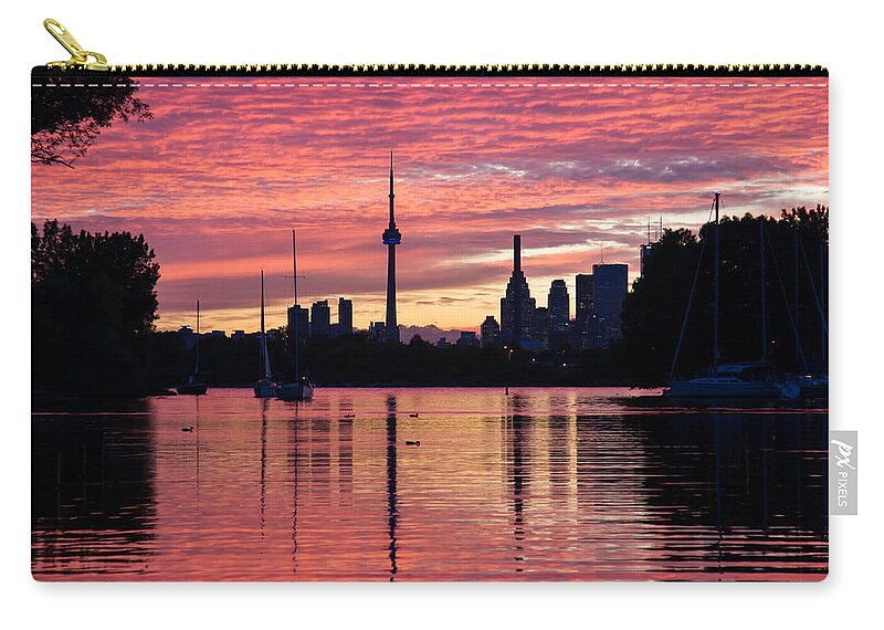 Toronto Zip Pouch featuring the photograph Fiery Sunset - Downtown Toronto Skyline with Sailboats by Georgia Mizuleva
