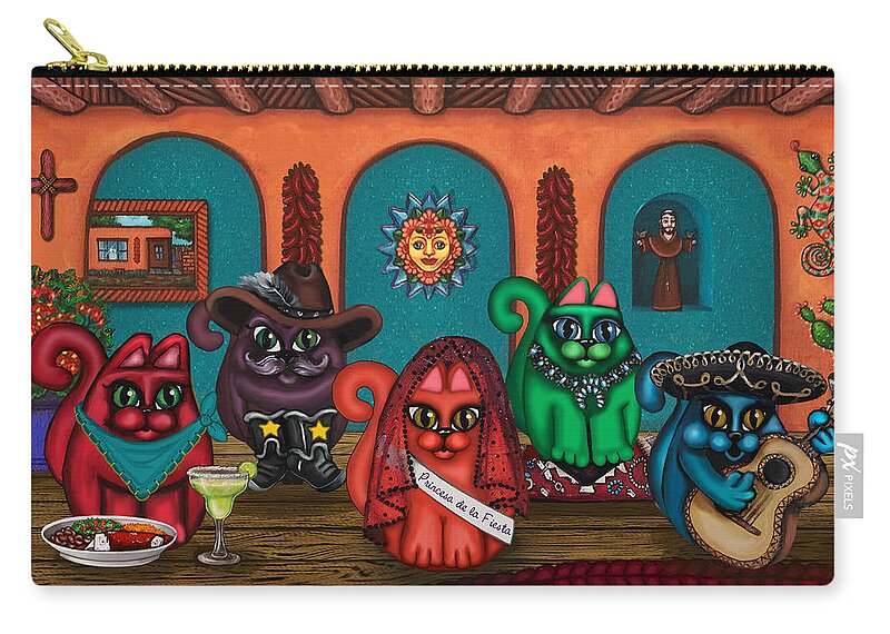 Folk Art Carry-all Pouch featuring the painting Fiesta Cats II by Victoria De Almeida