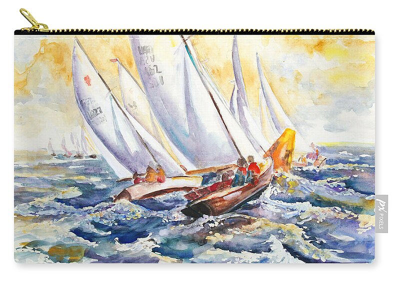 Folkboat Zip Pouch featuring the painting Fight At The Mark - Folkboats Tacking by Barbara Pommerenke