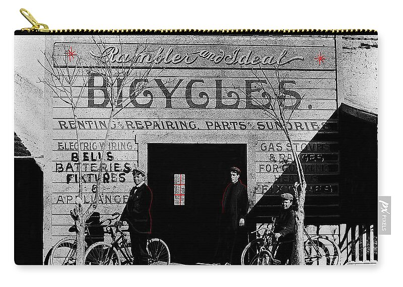 Film Homage Butch Cassidy And The Sundance Kid 1969 Russell And Sheldon Bicycle Shop Church Street Tucson Arizona No Date-2008 Zip Pouch featuring the photograph Film homage Butch Cassidy and the Sundance Kid 1969 Russell and Sheldon bicycle shop Tucson AZ by David Lee Guss